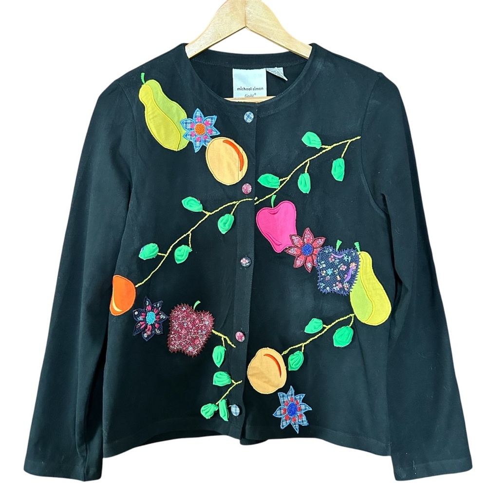 Michael Simon Light Vintage Black Cardigan Sweater Fruit Embroidery Cotton Small